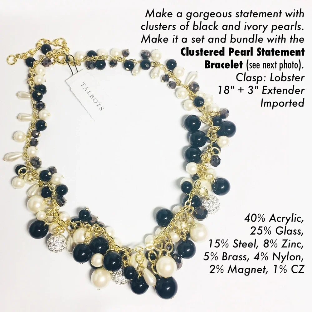 Talbots Clustered Pearl Stretch Necklace Black Ivory NEW